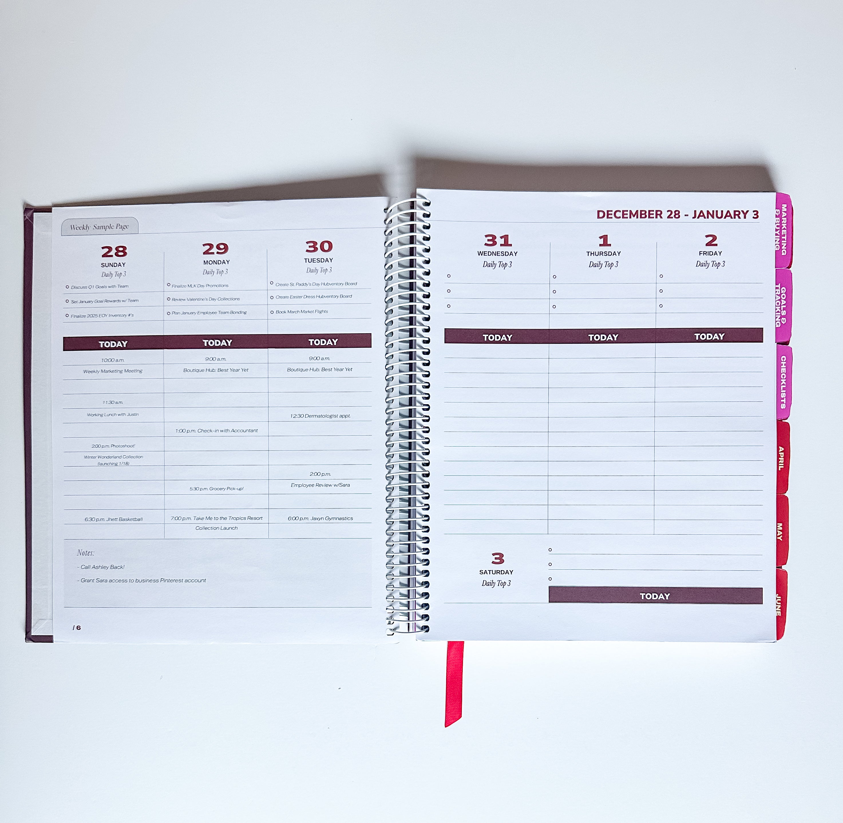 Open planner showing a weekly schedule with dates and notes on a white background