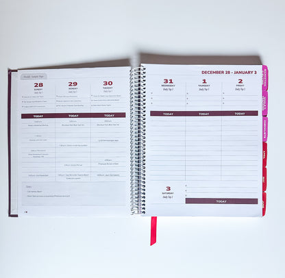 Open planner showing a weekly schedule with dates and notes on a white background