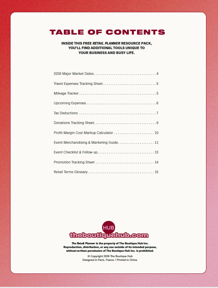 Table of contents for a retail planner resource pack with a red border and white center.